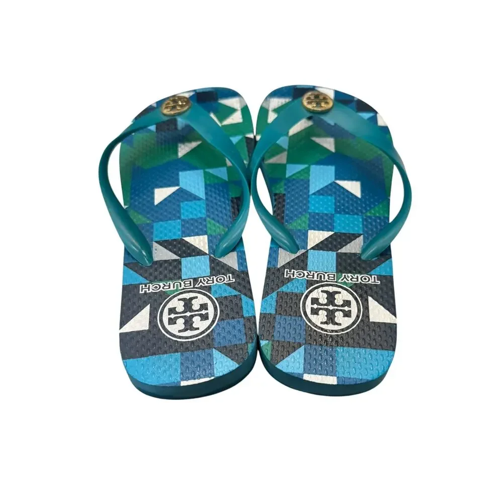 Tory Burch Chelsea Geometric Thin Flip Flops Blue Green Gold Logo Sz 6